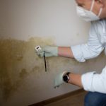 Técnico midiendo la humedad de una pared con un medidor