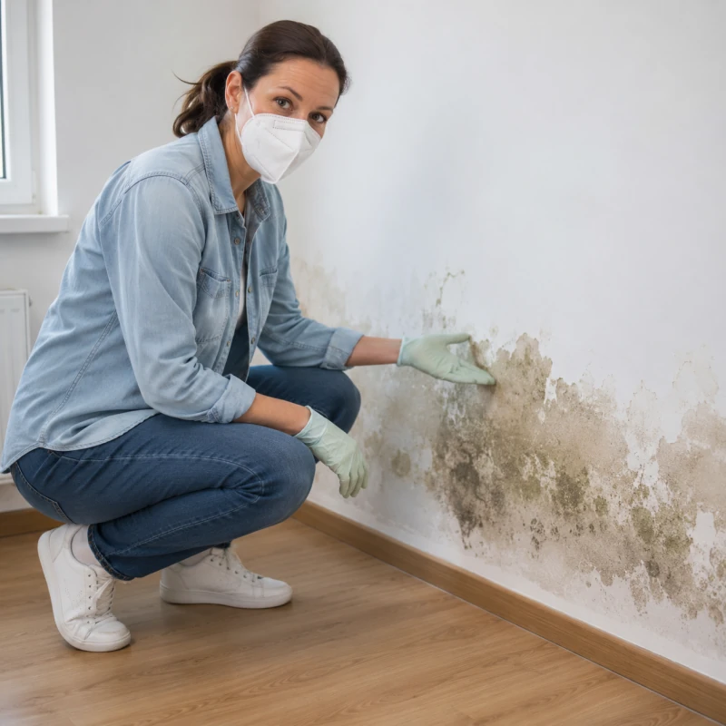 Mujer junto a una pared con manchas de humedad y revestimiento deteriorado